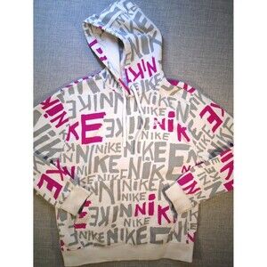 Nike Hoodie Womens 22" x 25" All Over Print Logo Pullover Sweatshirt Pink Logo